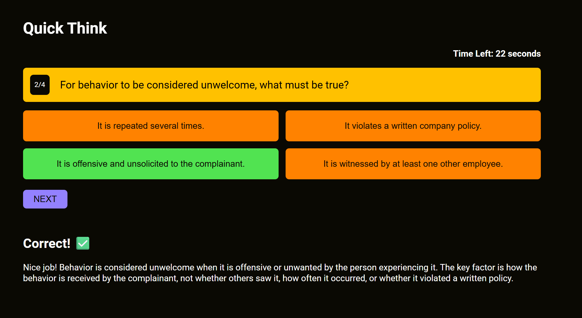 Multiple choice question with correct answer feedback